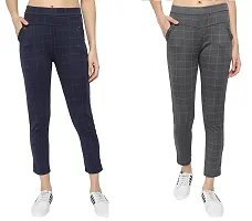 KB CREATION Slim Lycra Check Jegging | Ankle Length Jegging | Jegging Style Formals/Casual Stretchable Regular Fit Official Check Pant Combo for Women and Girls (Blue and Grey, Size-30)-thumb1