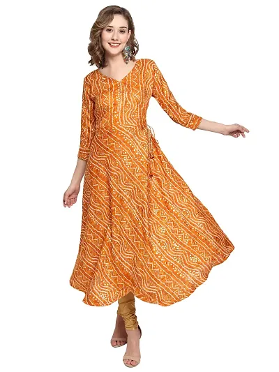 KB CREATION Womens Casual Regular Cotton Angrakha/Anarkali Bandhani Printed 3/4 Sleeves Kurti (M-XXL Sizes)