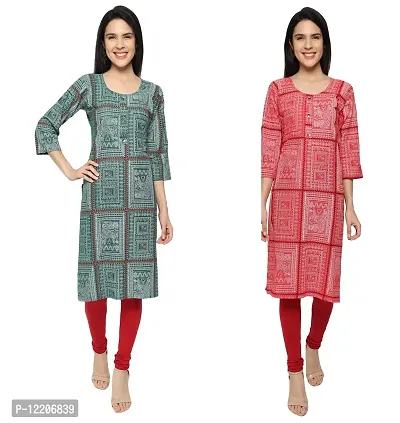 KB CREATION Stylish Straight Cotton Printed Round Kurti Combo for Girls and Women (Green and Red, L)