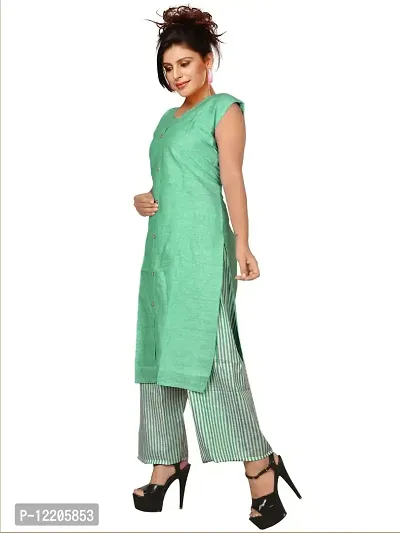 KB CREATION Khadi Cotton Regular Plain Straight Sleeveless Kurta with Striped Pant Set for Girls and Women (Pack of 1)-thumb5