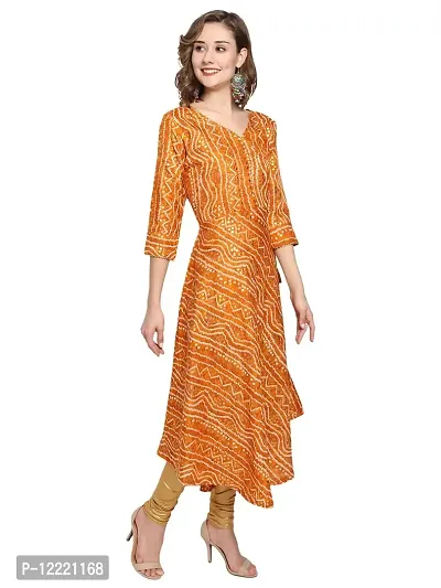 KB CREATION Womens Casual Regular Cotton Angrakha/Anarkali Bandhani Printed 3/4 Sleeves Kurti (M-XXL Sizes) (Medium, Yellow)-thumb4