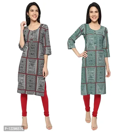 KB CREATION Stylish Straight Cotton Printed Round Kurti Combo for Girls and Women (Green and Black, XXXL)