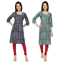 KB CREATION Stylish Straight Cotton Printed Round Kurti Combo for Girls and Women (Green and Blue, XL)-thumb1