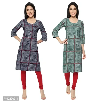 KB CREATION Stylish Straight Cotton Printed Round Kurti Combo for Girls and Women (Green and Blue, XL)-thumb2