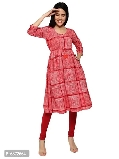 trendy stylish red cotton anarkali printed kurta for women-thumb0
