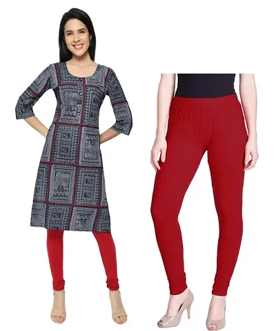 Trendy Printed Straight Cotton Kurti With Legging For Women