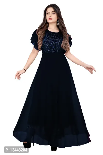 Navy Blue Georgette Embellished Ethnic Gowns For Women
