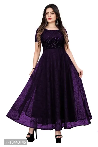 Purple Net Solid Ethnic Gowns For Women