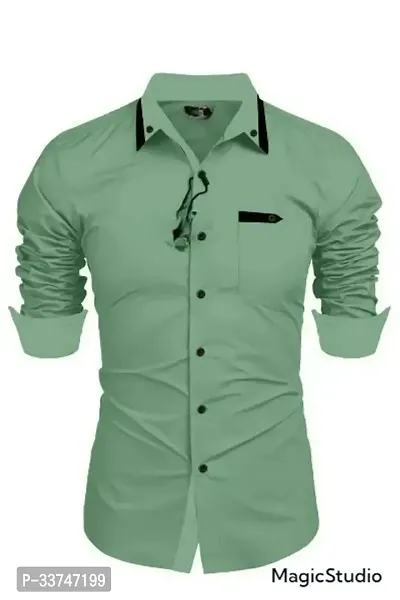 Reliable Green Cotton Solid Long Sleeves Casual Shirt For Men-thumb0