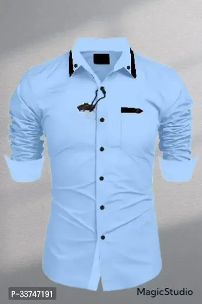 Reliable Blue Cotton Solid Long Sleeves Casual Shirt For Men-thumb0