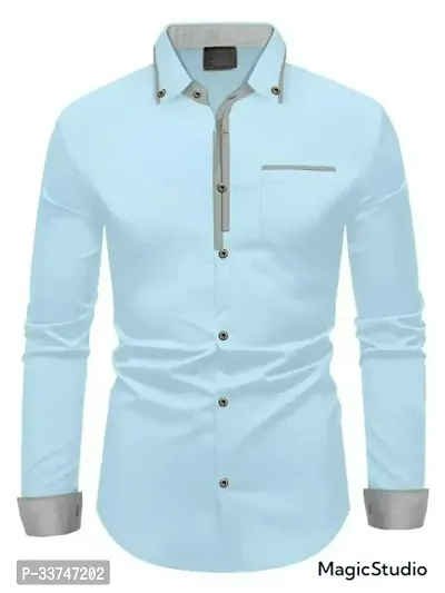 Reliable Turquoise Cotton Solid Long Sleeves Casual Shirt For Men-thumb0