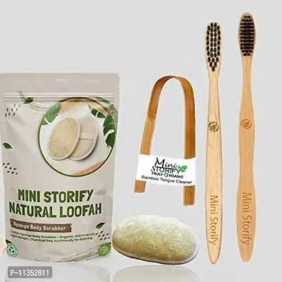 Mini Storify Truly Organic Kids, Adults Bamboo Toothbrush, Tongue Cleaner and Oval Loofah Body Scrubber Combo Pack - Activated Charcoal, Natural, Oral Cleaning Soft Bristles, Bathing (Set of 4)