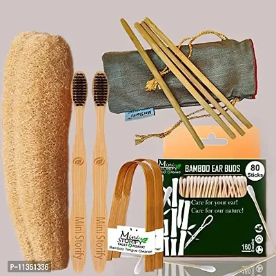 Mini Storify Truly Organic 1.Bamboo Cotton ear bud/swab|80 stem|2.Kids bamboo toothbrush - Oral Care|2.bamboo tongue cleaner|2 Oval Loofah/Loufah Pad, Sponge Body scrubber|4.Bamboo Straw (8"")(PACK-11)-thumb0