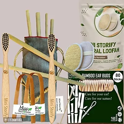 Mini Storify Truly Organic 1.Bamboo Cotton Ear Bud/Swab|80 Stems|2.Kids Bamboo Tooth Brush-|2.Bamboo Tongue Cleaner|2 Oval Loofah/Loufah Pad,Sponge Body Scrubber|6.Bamboo Straw (8"")(PACK-13)