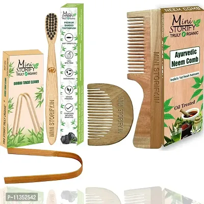 Mini Storify Truly Organic 1 Neem Beard Comb 1 Neem Handle Comb 100% Handmade, Anti- Dandruff |1 Kids bamboo toothbrush|1 Bamboo tongue cleaner Pack of 4-thumb0