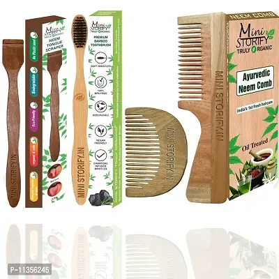 Mini Storify Truly Organic 1 Neem Beard Comb 1 Neem Dressing Comb 100% Handmade, Anti- Dandruff |1 Kids bamboo toothbrush|1 Bamboo tongue cleaner Pack of 4