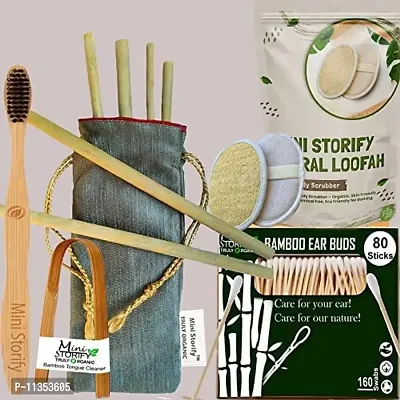 Mini Storify Truly Organic 1.Bamboo Cotton Ear Bud/Swab|80 Stem/160swab|2.Kids Bamboo Tooth Brush | 2 Oval Loofah/Loufah Pads, Sponge Body Scrubber | 6.Bamboo Straw (8"")(Pack of 11)-thumb0