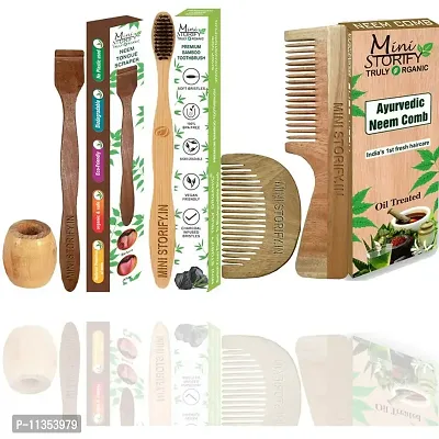 Mini Storify Truly Organic 1 Neem Beard Comb 1 Neem Handle Comb 100% Handmade, Anti- Dandruff |1 Adult bamboo toothbrush|1 Neem tongue Cleaner|1 Bamboo brush stand Pack of 5