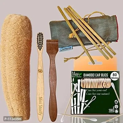 Mini Storify Truly Organic 1.Bamboo Cotton ear bud/swab|80 stem|2.Adult bamboo toothbrush - Oral Care|2.Pure Neem Wood Tongue Cleaner for Adults & Kids|2.Loufah/loofah Pad|4.Bamboo Straw (8"")(PACK-11)