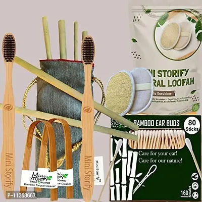 Mini Storify Truly Organic 1.Bamboo Cotton Ear Bud/Swab|80 Stems|1.Kids Bamboo Tooth Brush-|1.Bamboo Tongue Cleaner|2 Oval Loofah/Loufah Pad,Sponge Body Scrubber|6.Bamboo Straw (8"")(PACK-11)