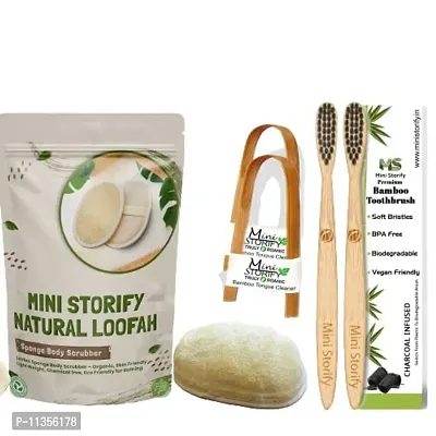 Mini Storify Truly Organic Adults Bamboo Toothbrush, Tongue Cleaner and Oval Loofah Body Scrubber Combo Pack - Activated Charcoal, Natural, Mouth Care, Oral Cleaning Soft Bristles, Bathing (Set of 3)
