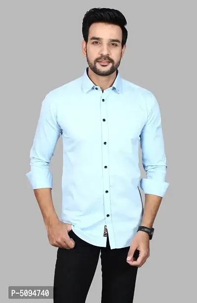 Amazing Turquoise Cotton Blend Solid Long Sleeves Casual Shirts For Men