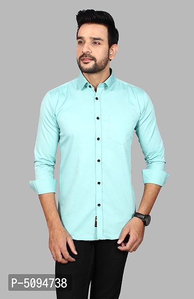Amazing Turquoise Cotton Blend Solid Long Sleeves Casual Shirts For Men