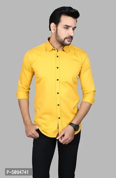 Amazing Yellow Cotton Blend Solid Long Sleeves Casual Shirts For Men