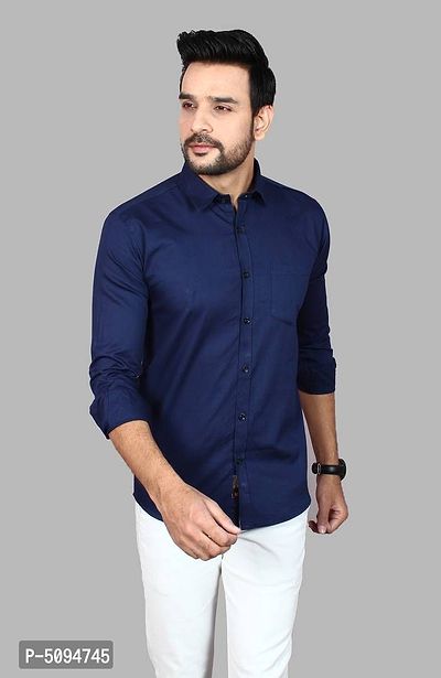 Amazing Navy Blue Cotton Blend Solid Long Sleeves Casual Shirts For Men