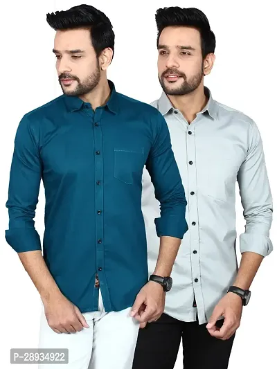 Trendy Multicoloured Cotton Blend Full Sleeve Solid Shirts for Men Pack Of 2-thumb0