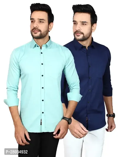 Trendy Multicoloured Cotton Blend Full Sleeve Solid Shirts for Men Pack Of 2-thumb0