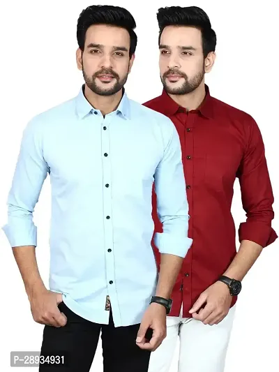 Trendy Multicoloured Cotton Blend Full Sleeve Solid Shirts for Men Pack Of 2-thumb0