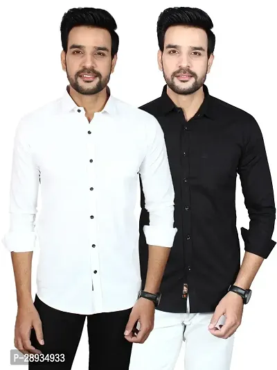 Trendy Multicoloured Cotton Blend Full Sleeve Solid Shirts for Men Pack Of 2-thumb0