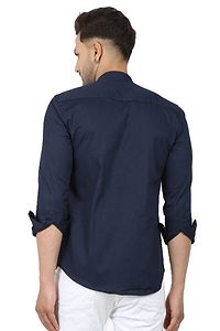Navy Blue Cotton Blend Solid Casual Shirts For Men-thumb1