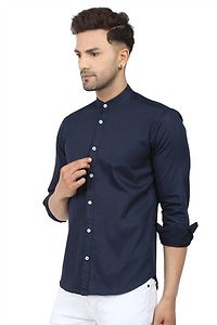 Navy Blue Cotton Blend Solid Casual Shirts For Men-thumb2