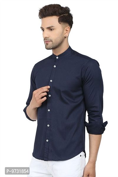 Navy Blue Cotton Blend Solid Casual Shirts For Men-thumb3