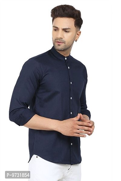 Navy Blue Cotton Blend Solid Casual Shirts For Men-thumb4