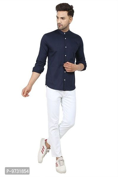 Navy Blue Cotton Blend Solid Casual Shirts For Men-thumb5