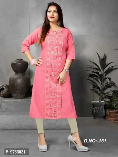 Stylish Cotton Pink Embroidered Round Neck Kurta For Women- Pack Of 1
