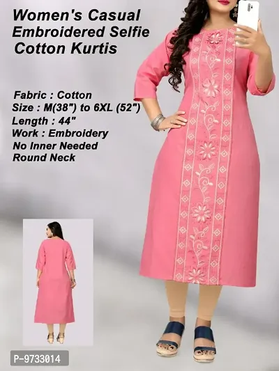 Stylish Cotton Pink Embroidered Round Neck Kurta For Women- Pack Of 1-thumb0