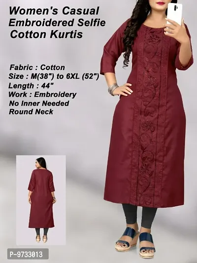 Stylish Cotton Maroon Embroidered Round Neck Kurta For Women- Pack Of 1