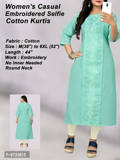 Stylish Cotton Pista Green Embroidered Round Neck Kurta For Women- Pack Of 1