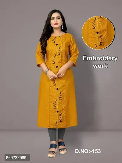 Mustard Cotton Embroidered Kurtas For Women-thumb0