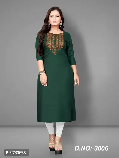 Stylish Rayon Bottle Green Embroidered Kurta For Women- Pack Of 1