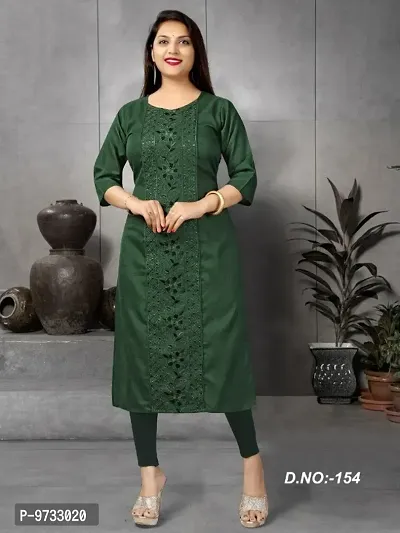 Stylish Cotton Bottle Green Embroidered Round Neck Kurta For Women- Pack Of 1