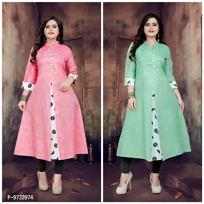 Stylish Khadi Cotton Green And Pink Printed Kurta For Women- Pack Of 2-thumb0