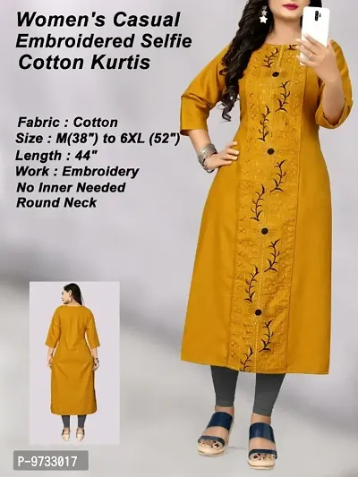 Stylish Cotton Mustard Embroidered Round Neck Kurta For Women- Pack Of 1-thumb0