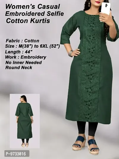 Stylish Cotton Bottle Green Embroidered Round Neck Kurta For Women- Pack Of 1-thumb0