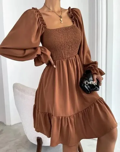 Stylish Crepe Solid Fit and Flare Dress for Women/Full Sleeves Dress