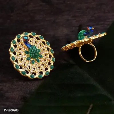 Peacock Design With A D And Green Stone Adjustable Meenakari Ring